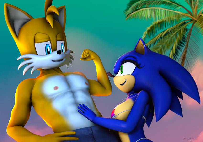 3d_(artwork) big_eyes big_head black_nose blue_eyes breasts canine chek clothed clothing digital_media_(artwork) duo female fox fur green_eyes hedgehog hi_res male mammal miles_prower muscular muscular_male nipples open_mouth presenting smile sonic_(series) sonic_the_hedgehog source_filmmaker standing teeth white_fur