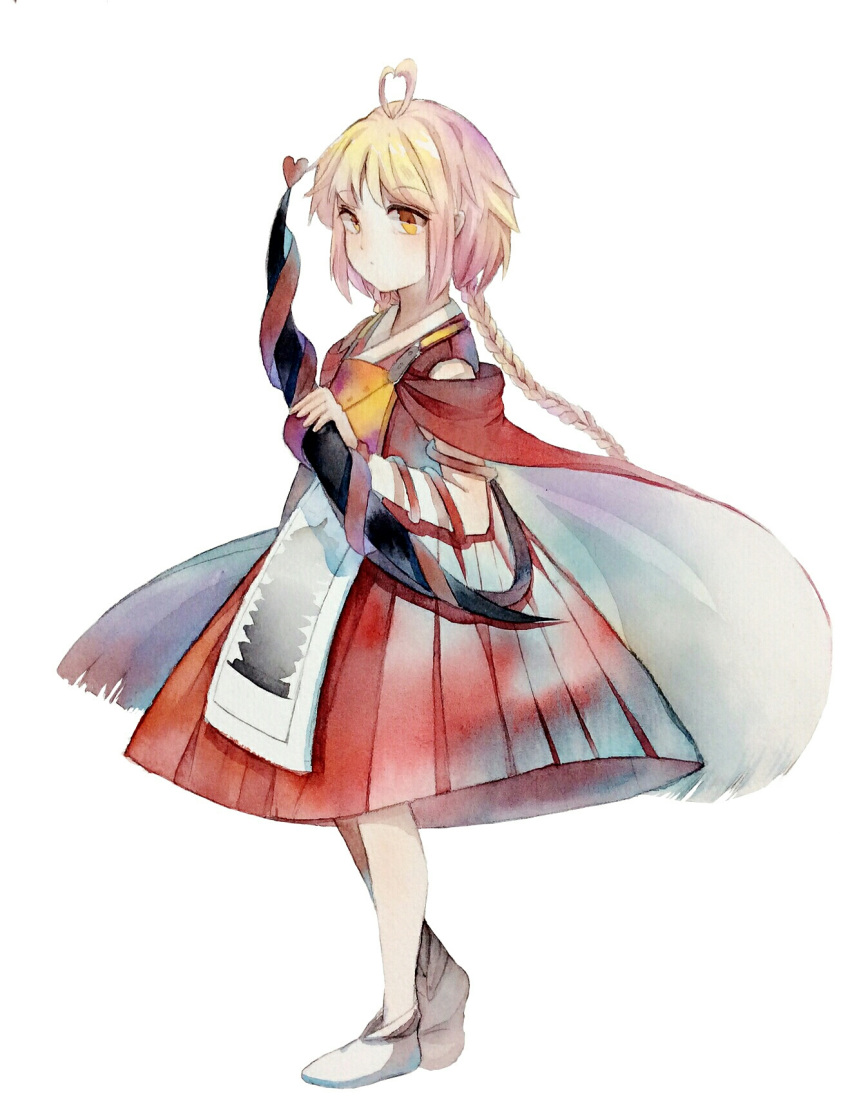 ahoge androgynous bad_id bad_pixiv_id blonde_hair bow_(weapon) braid breastplate cape highres japanese_clothes len'en long_hair ooama_no_ake_no_mitori red_eyes solo traditional_media twin_braids violence_usagi watercolor_(medium) weapon