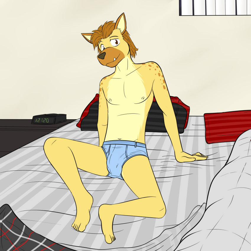 5_fingers anthro bed bedding blanket boxers_(clothing) brown_hair bulge clock clothed clothing fangs feet fur fuze hair hi_res humanoid_feet hyena inside looking_at_viewer male mammal navel nipples on_bed plantigrade red_eyes solo underwear window yellow_fur
