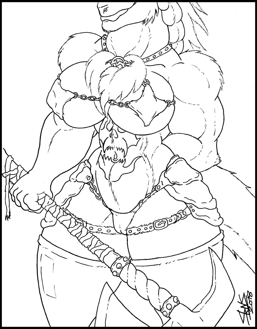 armor axe barbarian big_breasts bottomless braided_hair breasts clothed clothing female hair line_art melee_weapon morrigan_saberhagen muscular sergal skianous smile tattoo unconvincing_armor weapon wide_hips