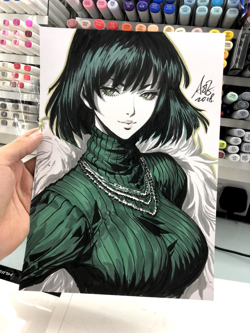 black_hair dress fubuki_(one-punch_man) fur_coat green_dress highres jewelry marker_(medium) necklace one-punch_man photo ribbed_sweater short_hair solo stanley_lau sweater traditional_media upper_body