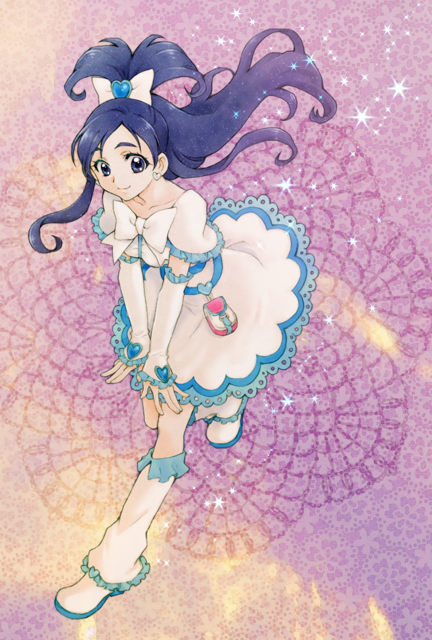abstract_background aizen_(syoshiyuki) arm_warmers black_eyes black_hair boots bow closed_mouth collarbone cure_white dress earrings full_body futari_wa_precure hair_bow hair_ornament half_updo heart heart_earrings heart_hair_ornament highres jewelry knee_boots leg_warmers long_hair looking_at_viewer magical_girl precure purple_background smile solo sparkle white_bow white_dress white_footwear yukishiro_honoka