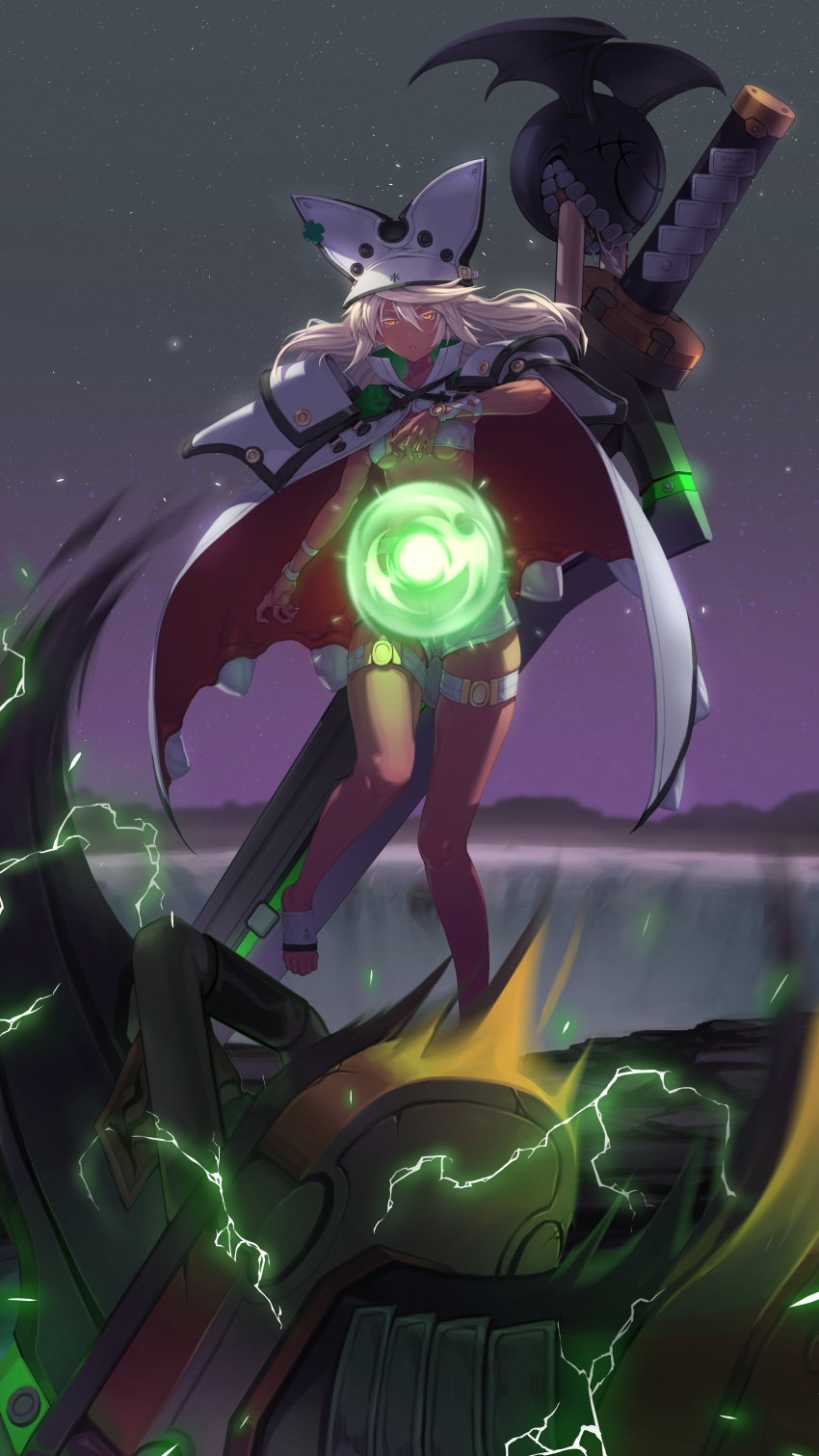 absurdres beltbra breasts buckle cape clover energy_ball floating four-leaf_clover guilty_gear guilty_gear_xrd hair_between_eyes hat highres k1_(erin22) navel ramlethal_valentine short_shorts shorts small_breasts solo thigh_strap white_hair yellow_eyes