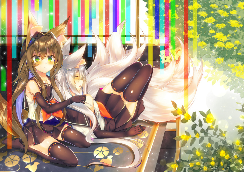 animal_ears bangs bare_shoulders bell black_gloves black_legwear black_sailor_collar black_skirt blush brown_hair closed_eyes closed_mouth commentary_request day elbow_gloves eyebrows_visible_through_hair flower fox_ears fox_girl fox_tail gloves green_eyes hair_between_eyes highres jingle_bell kitsune long_hair monaka_natsume multiple_girls neckerchief no_shoes orange_neckwear original pleated_skirt ribbon-trimmed_gloves ribbon-trimmed_legwear ribbon_trim sailor_collar seiza shirt silver_hair sitting skirt sleeveless sleeveless_shirt smile tail thighhighs very_long_hair white_shirt yellow_flower