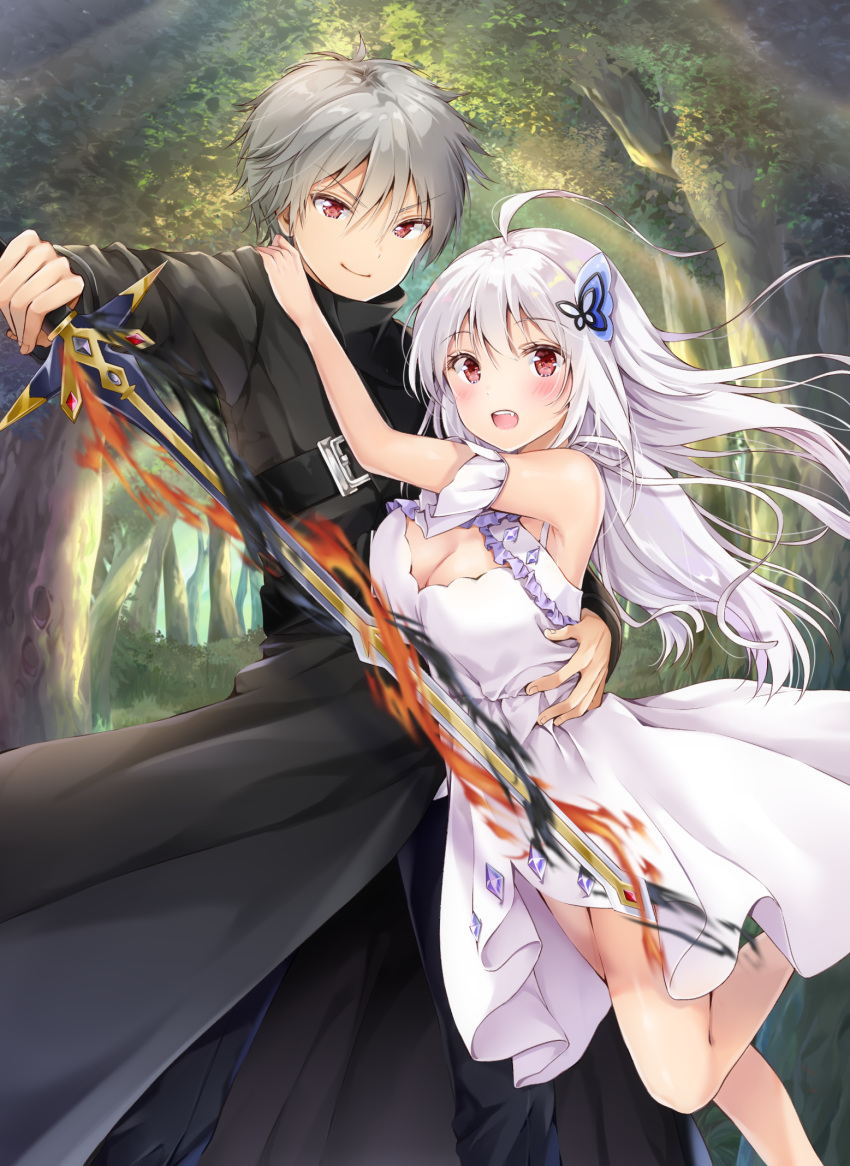 1girl ahoge arm_around_waist bangs bare_shoulders black_coat black_pants blush breasts butterfly_hair_ornament character_request cleavage closed_mouth commentary_request cover_image day dress eyebrows_visible_through_hair fang fingernails flaming_sword forest grey_hair hair_between_eyes hair_ornament hand_on_another's_shoulder highres holding holding_sword holding_weapon long_hair looking_at_viewer medium_breasts nature open_mouth outdoors pants red_eyes silver_hair sleeveless sleeveless_dress smile sword tree very_long_hair weapon white_dress yoshida_iyo zero_no_daikenja