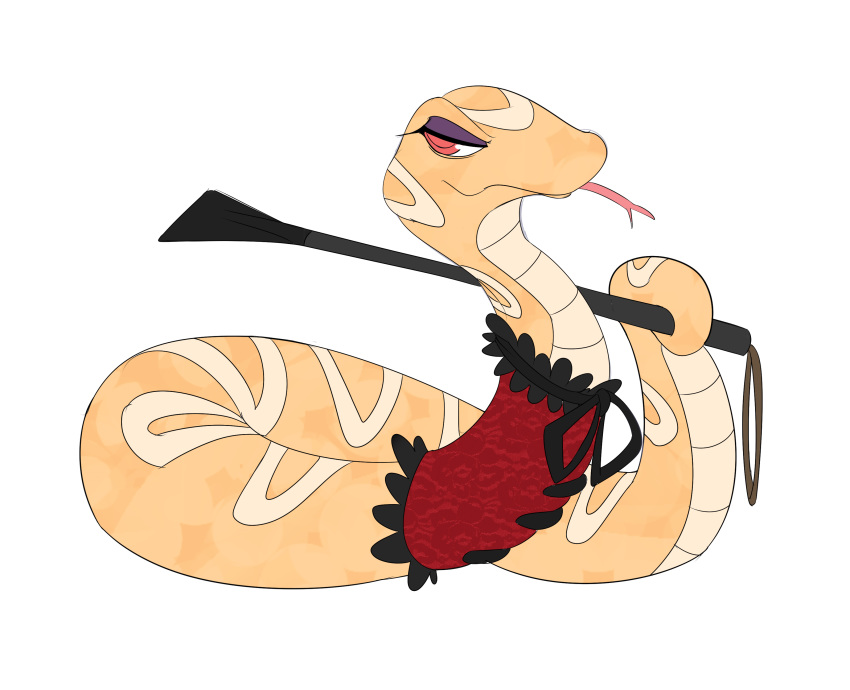 avabun blep clothed clothing female feral looking_at_viewer makeup pantygremlin red_eyes reptile scalie skimpy snake solo tongue tongue_out whip