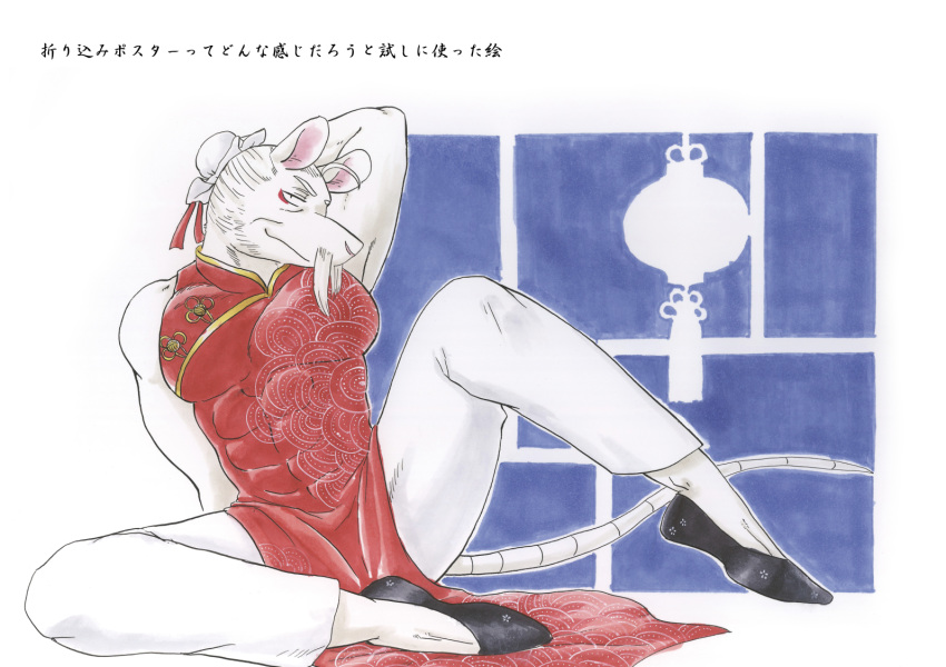 anthro chinese_clothing chinese_dress clothed clothing crossdressing dress facial_hair japanese_text kemono looking_at_viewer male mammal mature_male minminsemi muscular muscular_male rat rodent smile solo text translation_request