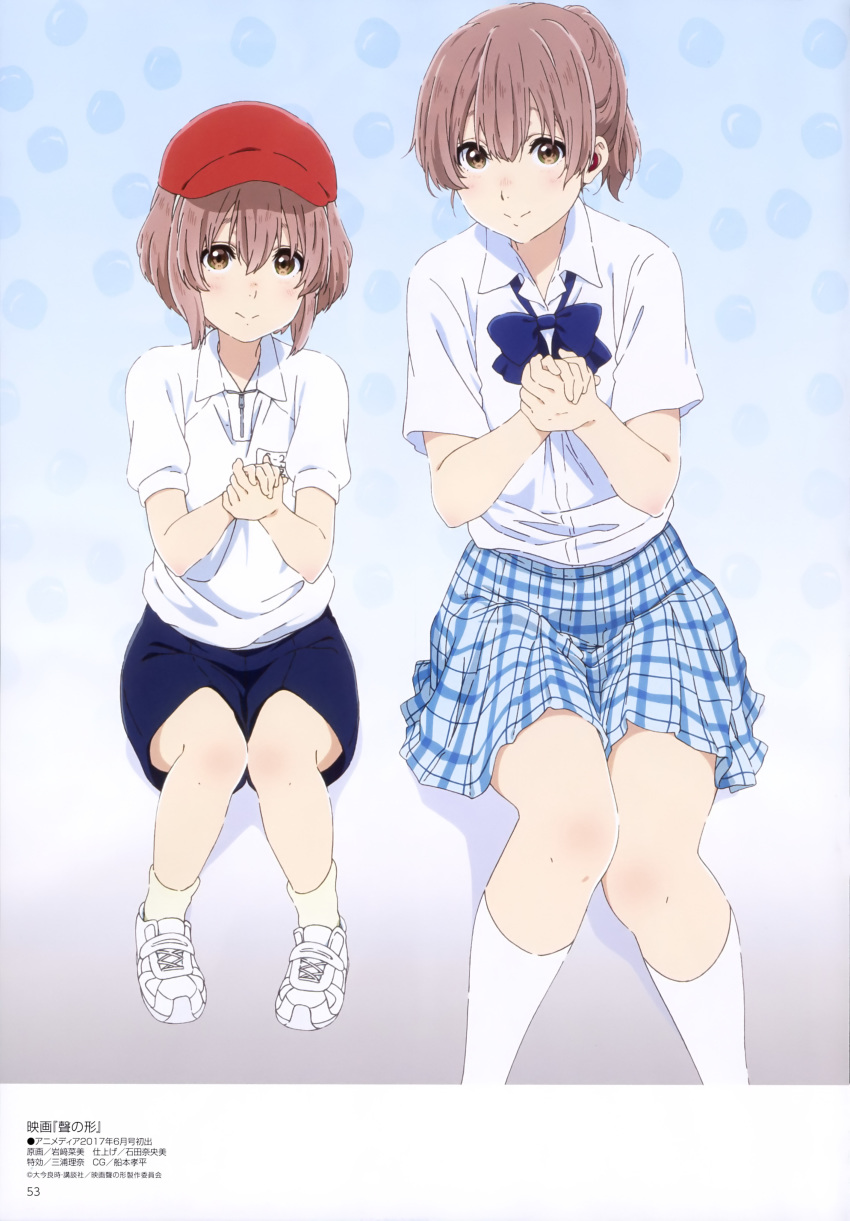 absurdres bangs beige_legwear blue_background blue_bow blue_neckwear blue_shorts blue_skirt bow bowtie brown_hair dress_shirt dual_persona gradient gradient_background green_eyes gym_shorts gym_uniform hair_between_eyes hat highres iwasaki_nami kneehighs koe_no_katachi looking_at_viewer md5_mismatch multiple_girls name_tag nishimiya_shouko own_hands_together polka_dot polka_dot_background ponytail red_hat school_uniform shirt shoes short_hair short_sleeves shorts simple_background skirt sneakers socks white_footwear white_legwear white_shirt younger