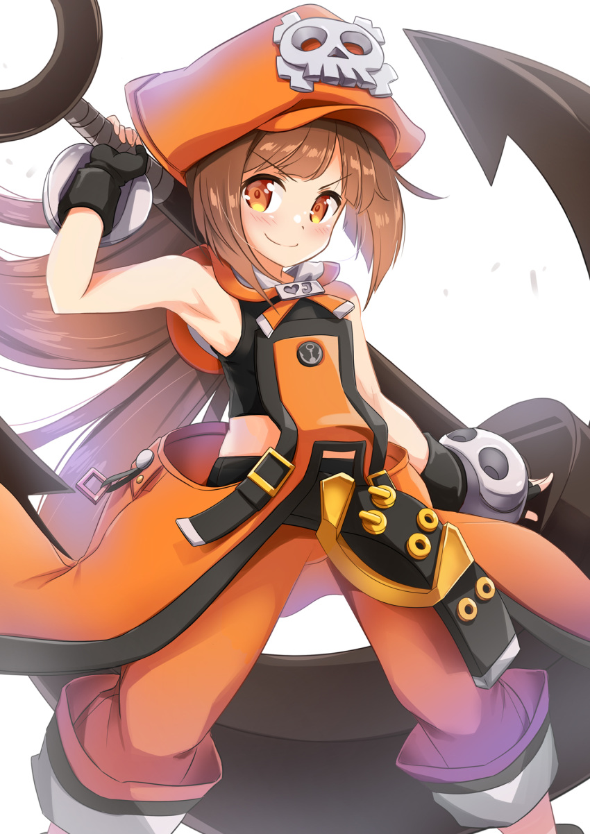 anchor armpits belt brown_eyes brown_hair commentary_request fingerless_gloves gloves guilty_gear guilty_gear_xrd hat highres huge_weapon kibihimi may_(guilty_gear) orange_hat pants pants_rolled_up pirate pirate_hat skull_and_crossbones sleeveless solo weapon