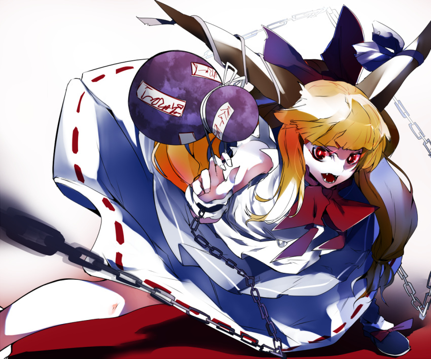 bangs blunt_bangs bow chain commentary_request eyebrows_visible_through_hair fangs gourd hair_bow horn_ribbon horns ibuki_suika ikurauni light_trail long_hair looking_at_viewer open_mouth orange_hair red_bow red_eyes red_neckwear ribbon shirt sidelocks skirt sleeveless sleeveless_shirt solo teeth torn_clothes torn_sleeves touhou very_long_hair white_shirt
