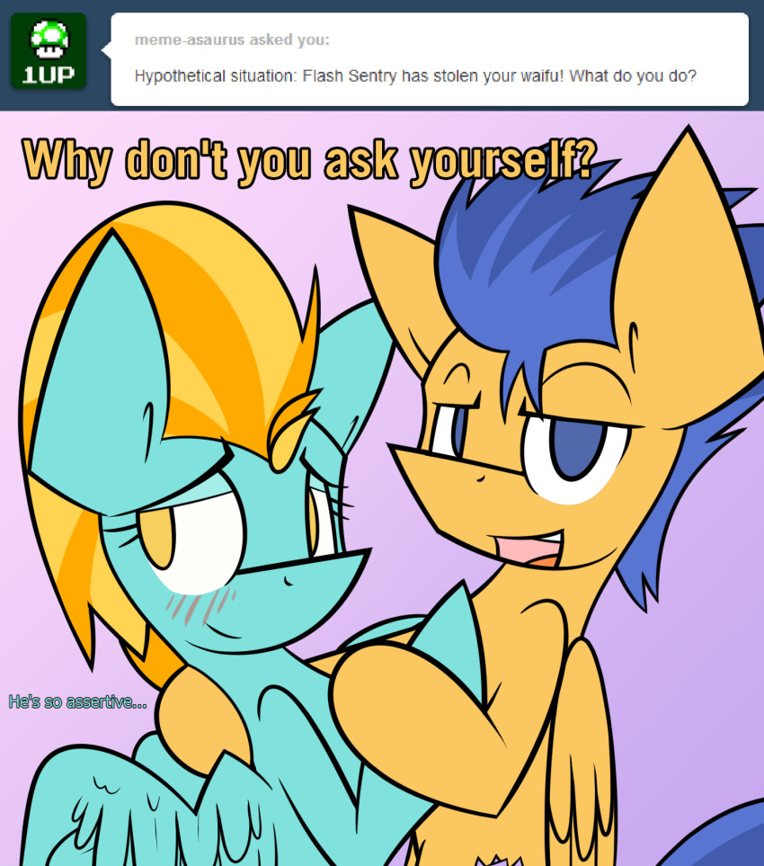 2014 blue_feathers blush brown_feathers dialogue dileakstudios duo english_text equine feathered_wings feathers female flash_sentry_(mlp) friendship_is_magic hi_res lightning_dust_(mlp) male mammal my_little_pony pegasus ralekarts romantic_couple text tumblr waifu_theif wings