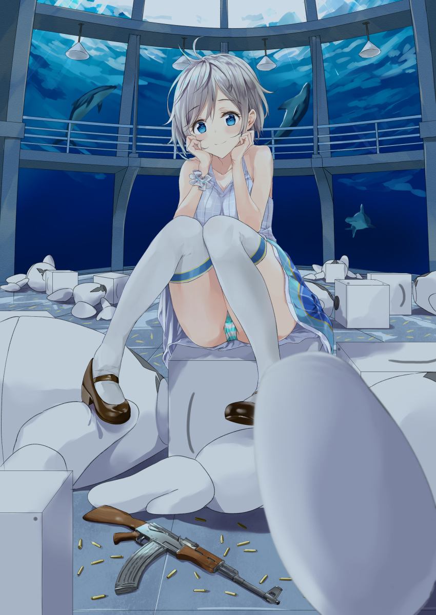 absurdres antenna_hair bare_shoulders blue_skirt blush breasts brown_footwear cartridge ceiling_light closed_eyes collarbone death dennou_shoujo_youtuber_shiro dolphin eyebrows_visible_through_hair fujisaki_ribbon full_body gun hands_on_own_cheeks hands_on_own_face highres indoors knees_together_feet_apart mary_janes medium_breasts panties pantyshot pantyshot_(sitting) plaid plaid_shirt plaid_skirt rifle scrunchie shiny shiny_hair shiro_(dennou_shoujo_youtuber_shiro) shirt shoes short_hair silver_hair sitting skirt sleeveless sleeveless_shirt solo tareme thighhighs thighs underwear upskirt virtual_youtuber water weapon weapon_request white_legwear white_scrunchie wrist_scrunchie