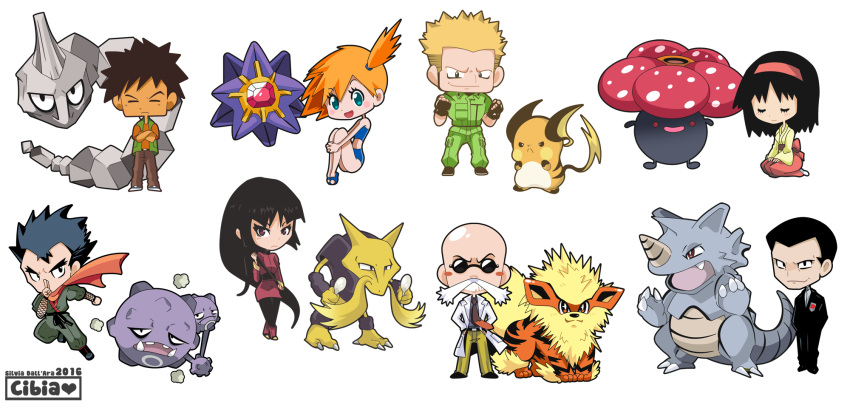 3boys 5girls alakazam aqua_eyes arcanine bald bangs bikini black_eyes black_hair blonde_hair blue_bikini blunt_bangs brown_eyes cibia closed_eyes commentary creature crossed_arms english_commentary erika_(pokemon) facial_hair gen_1_pokemon gym_leader highres holding holding_spoon japanese_clothes kasumi_(pokemon) katsura_(pokemon) kimono kyou_(pokemon) long_hair long_sleeves matis_(pokemon) medium_hair multiple_boys multiple_girls mustache natsume_(pokemon) onix orange_hair pokemon pokemon_(creature) pokemon_(game) pokemon_frlg ponytail raichu rhydon sakaki_(pokemon) seiza signature simple_background sitting spiked_hair spoon standing starmie sunglasses swimsuit takeshi_(pokemon) tied_hair vileplume weezing white_background