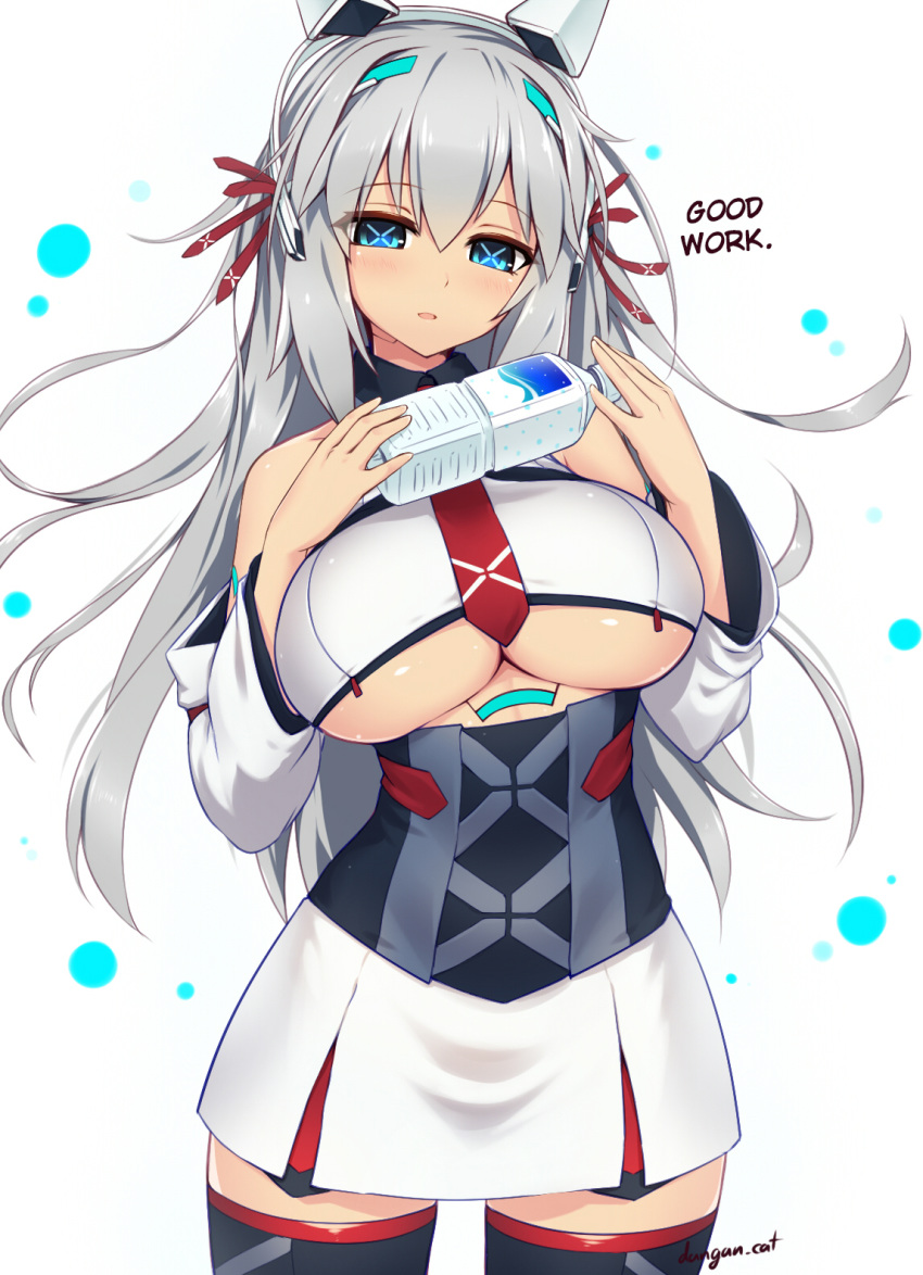 1girl android artist_name bangs black_shirt blue_eyes blush breasts collared_shirt commentary cowboy_shot dangan_neko detached_sleeves dress drink grey_hair hair_between_eyes hair_ribbon hands_up hard_translated headgear highres holding large_breasts long_hair looking_at_viewer necktie original parted_lips red_neckwear red_ribbon ribbon russia_(dangan_neko) shirt simple_background solo symbol-shaped_pupils translated underboob white_background white_dress