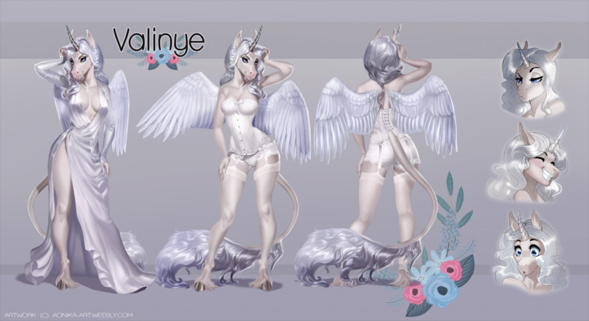 aomori blue_eyes clothed clothing equine eyelashes feathered_wings feathers female hair hooves horn jewelry lingerie looking_at_viewer mammal smile valinye winged_unicorn wings