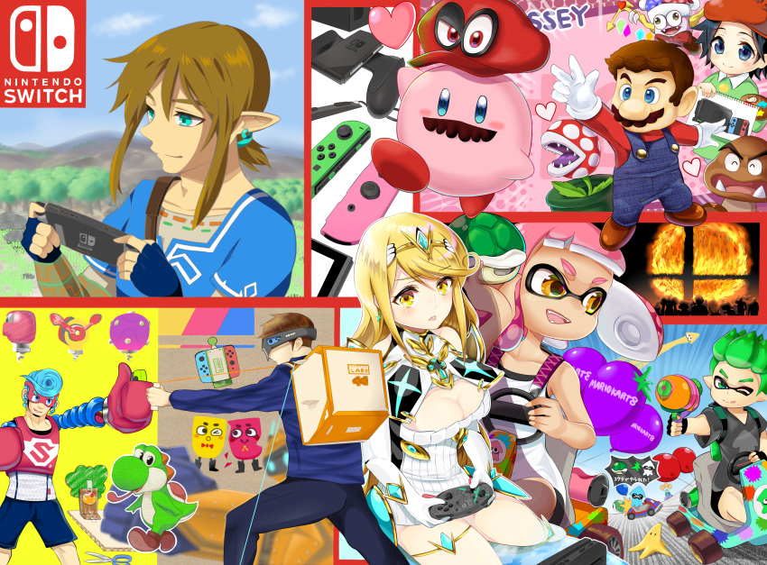 adeleine ao_hito armor arms_(game) blonde_hair blue_eyes blue_hair blush breasts brown_hair cappy_(mario) cleavage crossover dark_skin domino_mask dress facial_hair gloves goomba hat highres hikari_(xenoblade_2) jewelry kirby kirby_(series) kirby_64 large_breasts link long_hair mario mario_(series) mask metroid mustache nintendo_switch overalls pink_hair pointy_ears pompadour samus_aran short_hair smile snipperclips splatoon_(series) splatoon_2 spring_man_(arms) suction_cups super_mario_bros. super_mario_odyssey super_smash_bros. tentacle_hair the_legend_of_zelda the_legend_of_zelda:_breath_of_the_wild toaster_(arms) white_gloves wings xenoblade_(series) xenoblade_2 yellow_eyes yoshi