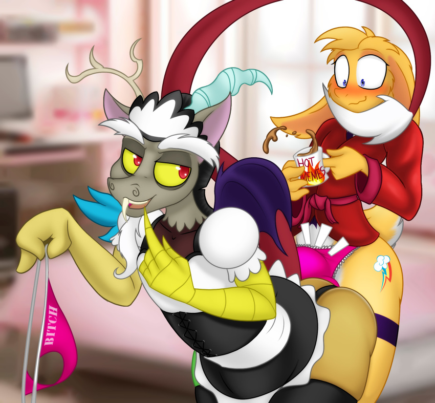 0r0 2015 anthro anthrofied antlers beverage blue_feathers blush bulge clothed clothing coffee crossdressing cup digital_media_(artwork) discord_(mlp) draconequus duo fangs feathered_wings feathers food friendship_is_magic horn jrvanesbroek lagomorph maid_uniform male male/male mammal membranous_wings my_little_pony panties rabbit red_eyes robe text thong underwear uniform wings