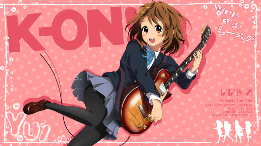 blue_skirt blush bolo_tie brown_eyes brown_hair character_name commentary_request copyright_name guitar hair_ornament hairclip hirasawa_yui instrument k-on! kou_(aimai) loafers looking_at_viewer music open_mouth pantyhose pink_background playing_instrument pleated_skirt polka_dot polka_dot_background sakuragaoka_high_school_uniform school_uniform shoes silhouette skirt smile solo text_focus wallpaper
