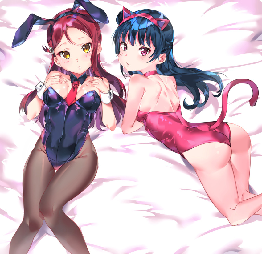 :o animal_ears ass bangs bare_arms bare_shoulders bed_sheet blunt_bangs blush breasts brown_legwear bunny_ears bunnysuit cat_ears cat_tail choker cleavage covered_navel detached_collar eyebrows_visible_through_hair fake_animal_ears feet_out_of_frame hair_bun hair_ornament hairclip hands_on_own_chest head_tilt highres kittysuit kneepits leotard long_hair looking_at_viewer love_live! love_live!_sunshine!! lying medium_breasts multiple_girls necktie on_back on_stomach pantyhose parted_lips pink_choker pink_leotard red_hair red_neckwear sakurauchi_riko shiny shiny_hair shiny_skin side_bun skin_tight tail tem10 thigh_gap tsushima_yoshiko wrist_cuffs yellow_eyes