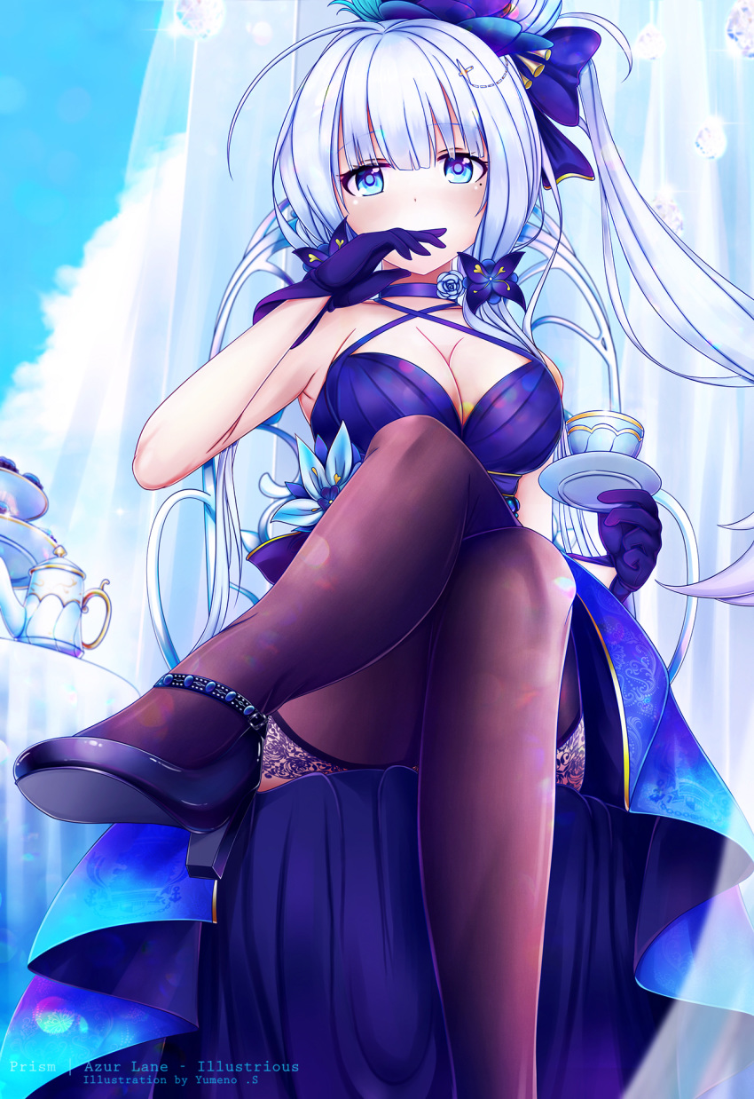 ahoge alternate_costume artist_name azur_lane bangs black_footwear black_legwear blue_dress blue_eyes blue_gloves blue_sky blush bow breasts character_name choker cleavage cloud commentary_request covered_mouth crossed_legs cup dress dress_shoes elbow_gloves eyebrows_visible_through_hair flower from_below gloves hair_bow hair_ornament hair_ribbon hand_to_own_mouth high_heels high_ponytail highres holding_saucer illustrious_(azur_lane) lace-trimmed_legwear large_breasts legs long_hair looking_at_viewer mole mole_under_eye ribbon side_ponytail sidelocks sitting sky sleeveless sleeveless_dress solo table teacup teapot thighhighs thighs tress_ribbon white_hair yumeno_s