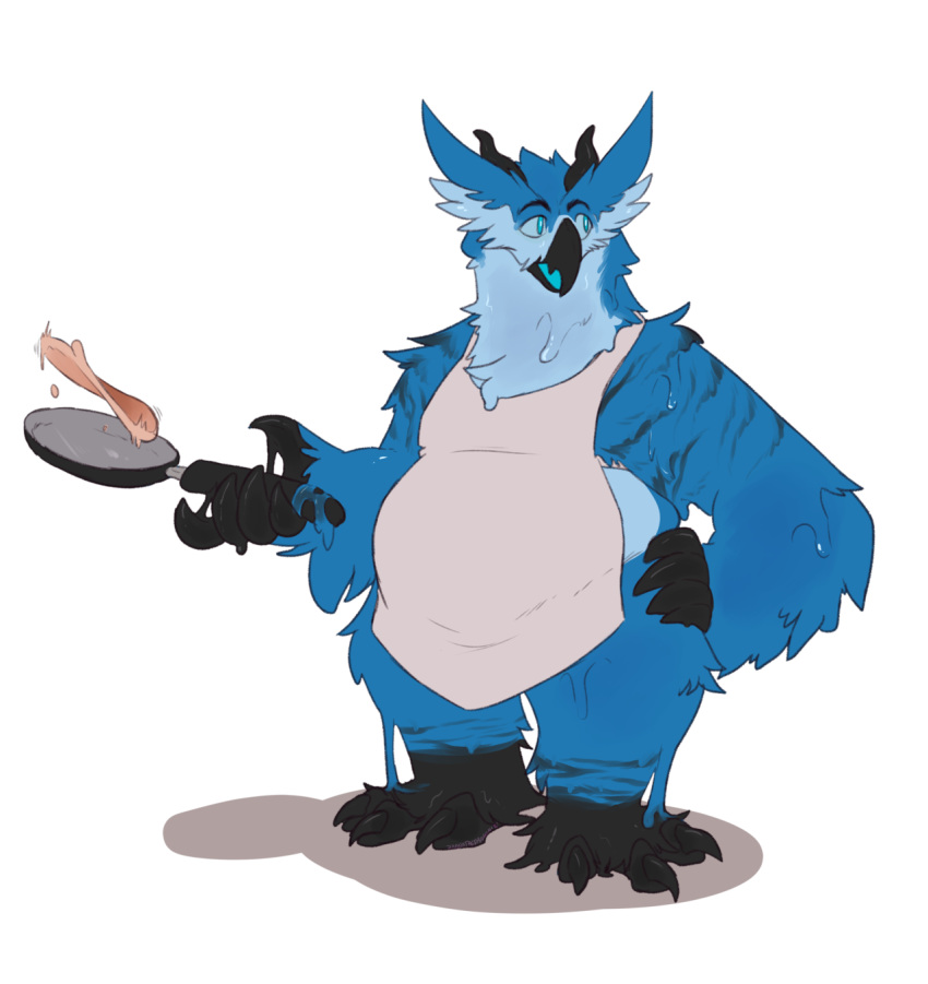 ambiguous_gender beak belly blue_eyes claws cooking feathers food hand_on_hip leuphegoobird looking_offscreen melting owlbear simple_background slime slime_creature solo standing white_background zannathedragon