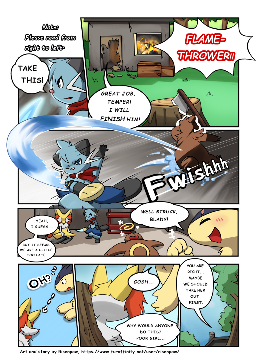 axe braixen building comic dewott english_text female fight fire forest house male melee_weapon nintendo pok&eacute;mon pok&eacute;mon_(species) risenpaw text tree typhlosion ursaring video_games weapon