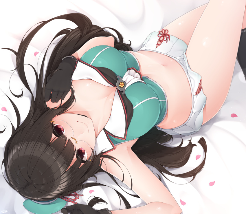 arched_back armpits bangs bed_sheet black_gloves black_legwear blunt_bangs blush breasts choukai_(kantai_collection) cleavage closed_mouth eyebrows_visible_through_hair feet_out_of_frame glasses gloves green_vest hand_on_own_chest hat highres kantai_collection kneehighs long_hair looking_at_viewer lying medium_breasts mini_hat miniskirt navel on_back on_bed pleated_skirt red_ribbon remodel_(kantai_collection) ribbon rimless_eyewear shiny shiny_hair shiny_skin skirt smile solo stomach straight_hair tareme thighhighs very_long_hair vest white_skirt yukichi_(sukiyaki39)