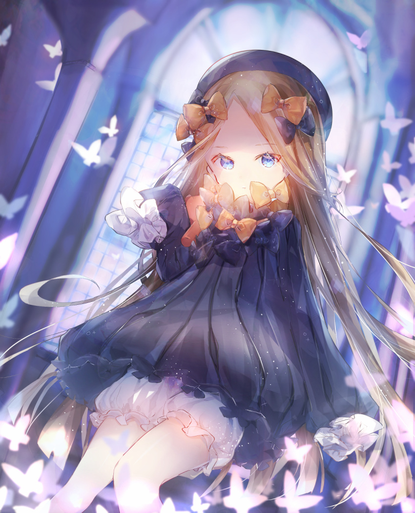 1girl abigail_williams_(fate/grand_order) bangs black_bow black_dress black_hat blonde_hair bloomers blue_eyes blurry blurry_background bow bug butterfly church_interior closed_mouth commentary_request depth_of_field dress eyebrows_visible_through_hair fate/grand_order fate_(series) forehead hair_bow hat head_tilt highres insect long_hair long_sleeves looking_at_viewer orange_bow parted_bangs polka_dot polka_dot_bow shiromi sleeves_past_fingers sleeves_past_wrists solo stuffed_animal stuffed_toy teddy_bear underwear very_long_hair white_bloomers window