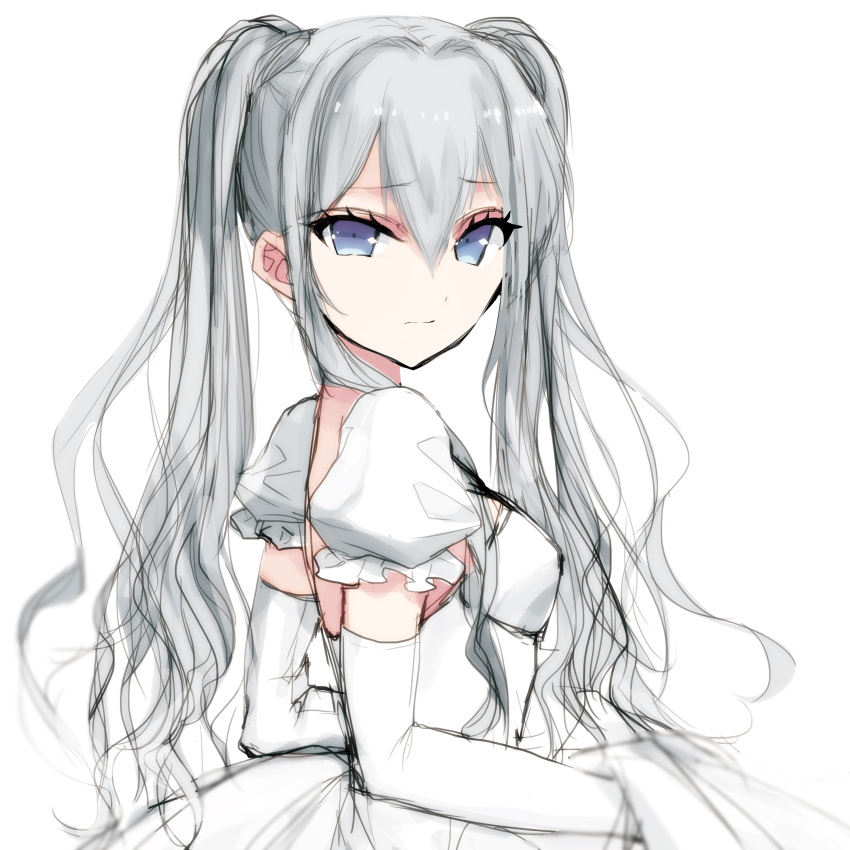 absurdres bad_id bad_pixiv_id bangs blue_eyes breasts detached_sleeves dress eyebrows_visible_through_hair grey_hair hair_between_eyes highres juliet_sleeves long_hair long_sleeves looking_at_viewer misteor original puffy_sleeves small_breasts solo twintails white_background white_dress