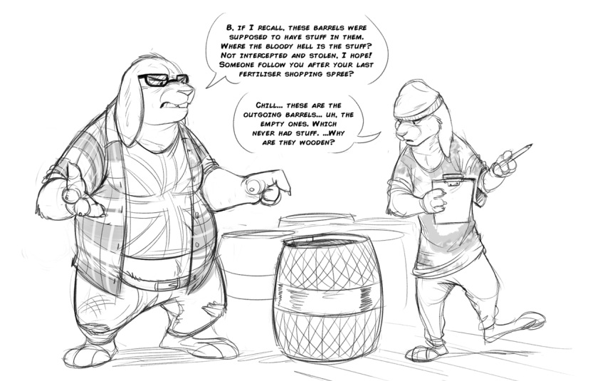 annoyed anthro barefoot barrel buckteeth clipboard clothed clothing dialogue disney duo english_text eyewear fan_character female glasses greyscale hat jeans lagomorph mammal monochrome obese overweight pants rabbit sibling sisters teeth temiree text union_jack zootopia