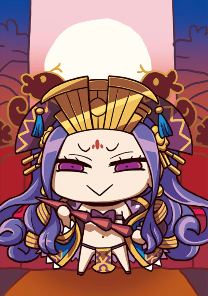 :&gt; april_fools chibi facial_mark fate/grand_order fate_(series) forehead_mark headdress highres holding loincloth long_hair navel no_nose official_art purple_eyes purple_hair riyo_(lyomsnpmp) solo very_long_hair wu_zetian_(fate/grand_order)