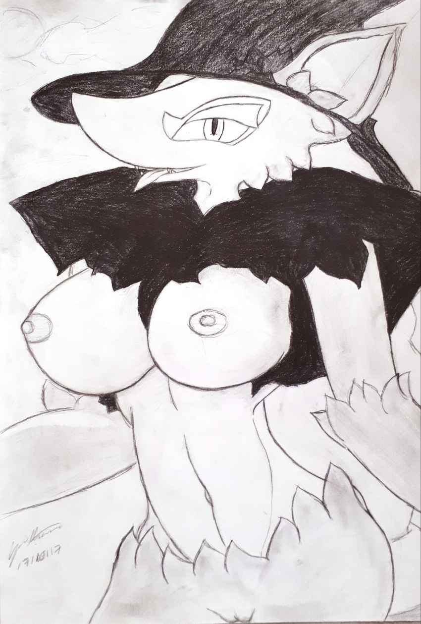 absurd_res anthro areola big_breasts breasts female halloween hat hi_res holidays looking_at_viewer mammal monochrome nintendo p4nda_(artist) pok&eacute;mon pok&eacute;mon_(species) presenting pussy solo tongue tongue_out traditional_media_(artwork) video_games witch_hat zoroark