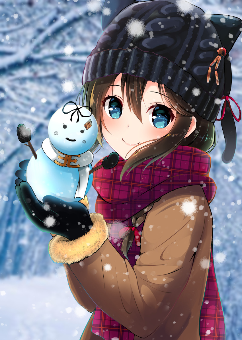 absurdres amagami_(makise_tsubaki) animal_hat bangs black_gloves blue_eyes blurry blurry_background braid brown_hair character_doll coat eyebrows_visible_through_hair from_side fur_trim gloves hair_between_eyes hair_ribbon hat highres holding kantai_collection long_hair long_sleeves looking_at_viewer mittens outdoors plaid plaid_scarf remodel_(kantai_collection) revision ribbon scarf shigure_(kantai_collection) single_braid smile snow snowing snowman solo upper_body winter winter_clothes yuudachi_(kantai_collection)