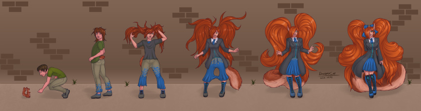 2017 ambiguous_gender animal_humanoid breast_expansion breasts brick_wall brown_hair clothing crouching dangercat duo female footwear gender_transformation green_eyes hair human humanoid long_hair long_tail looking_at_viewer male mammal mtf_transformation necktie pants pigtails red_hair ribbons rodent shirt shoes short_hair skirt smile solo_focus squirrel squirrel_humanoid standing surprise tail_growth transformation