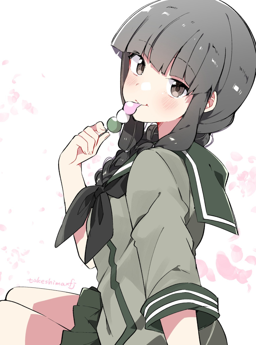 arm_support bangs black_hair black_neckwear blunt_bangs braid cherry_blossoms dango eating eyebrows_visible_through_hair food green_sailor_collar green_serafuku green_skirt hair_over_shoulder highres kantai_collection kitakami_(kantai_collection) long_hair looking_at_viewer neckerchief petals pleated_skirt sailor_collar school_uniform serafuku single_braid sitting skirt solo takeshima_(nia) wagashi white_background