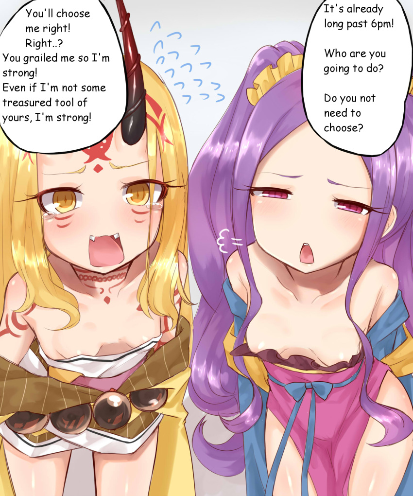 2girls bare_shoulders blonde_hair breasts collarbone commentary_request downblouse dress facial_mark fangs fate/grand_order fate_(series) flying_sweatdrops forehead_mark highres horns ibaraki_douji_(fate/grand_order) japanese_clothes kimono leaning_forward long_hair makano_mucchi multiple_girls no_bra no_nose off_shoulder oni oni_horns open_mouth pelvic_curtain purple_dress purple_eyes purple_hair scrunchie short_kimono short_yukata shouting small_breasts tattoo translated twintails very_long_hair wu_zetian_(fate/grand_order) yellow_eyes yukata