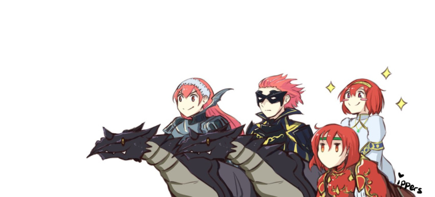 axe blush cape dragon fire_emblem fire_emblem:_kakusei fire_emblem:_monshou_no_nazo gloves hairband headband ippers jerome_(fire_emblem) long_hair maria_(fire_emblem) mask minerva_(fire_emblem) mother_and_son namesake open_mouth red_armor red_eyes red_hair serge_(fire_emblem) short_hair siblings sisters smile weapon