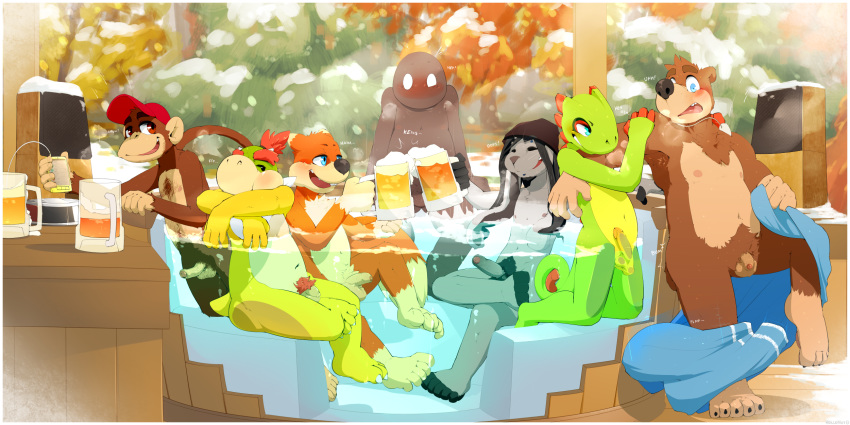 alcohol anthro balls banjo-kazooie banjo_(banjo-kazooie) bear beer beverage bowser_jr. chameleon conker conker's_bad_fur_day diddy_kong donkey_kong_(series) group hollo_nut hot_tub humanoid_penis koopa lagomorph lizard male mammal mario_bros monkey nintendo penis primate rabbit reptile rodent scalie spelunker_sal_(character) squirrel uncut video_games yooka yooka-laylee