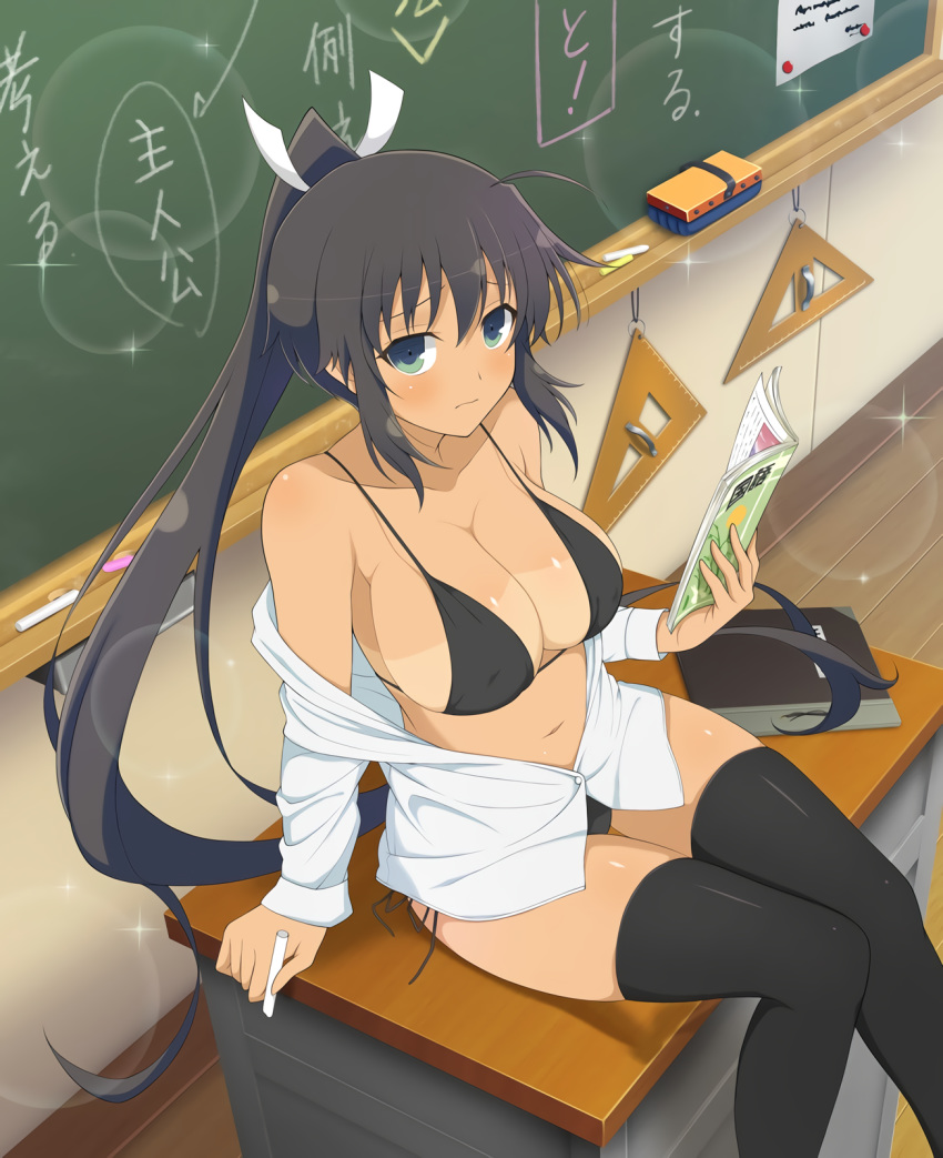 1girl aqua_eyes bikini black_hair blush breasts chalkboard cleavage dark_skin desk embarrassed erect_nipples female homura_(senran_kagura) large_breasts long_hair looking_at_viewer nipples official_art open_clothes open_shirt ponytail senran_kagura senran_kagura_(series) sideboob sitting solo swimsuit tan tanline thighhighs tied_hair unbuttoned very_long_hair yaegashi_nan