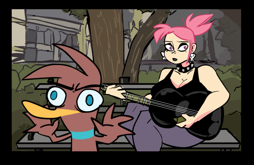 anthro avian big_breasts bird blue_eyes breasts cleavage clothed clothing collar duck duo ear_piercing eyeshadow female feral germaine guitar hair herny herny_(character) huge_breasts human makeup mammal mouthless musical_instrument neurotically_yours piercing pink_hair purple_eyes