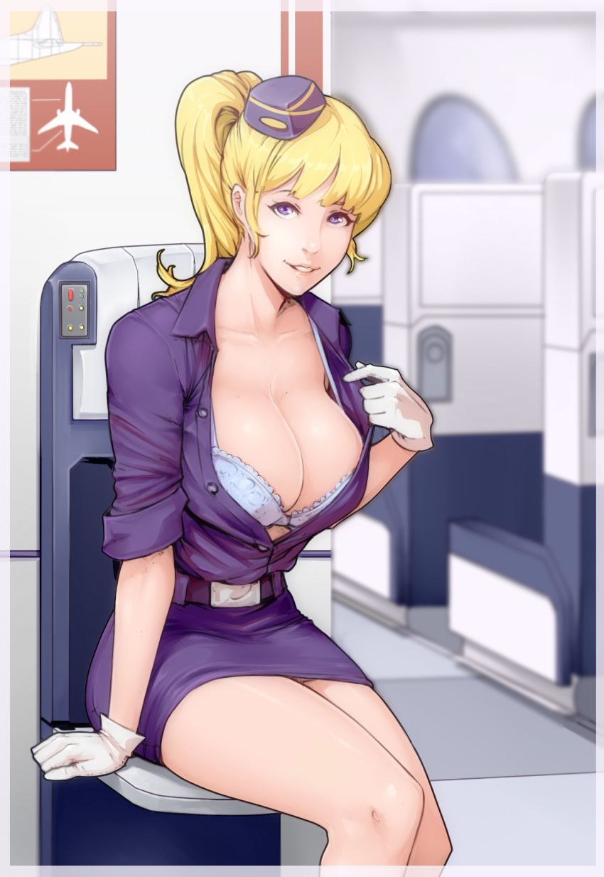 airplane_interior bangs belt blonde_hair blurry blurry_foreground bra breasts commentary commentary_typo depth_of_field dress english_commentary flight_attendant gloves hand_up harem_heroes hat highres huge_breasts looking_at_viewer materclaws open_clothes parted_lips ponytail purple_dress purple_eyes short_dress sitting smile solo underwear white_bra white_gloves wing_collar
