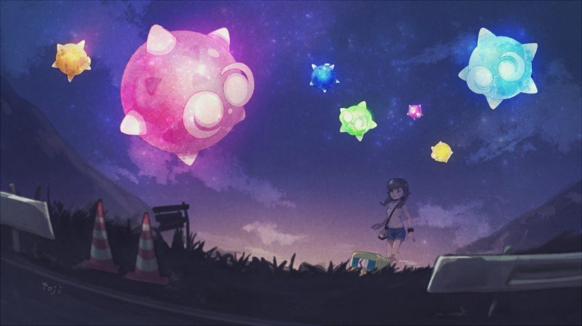 1girl alternate_clothes black_eyes black_hair braids charjabug clouds female_protagonist_(pokemon_sm) jeans minior mountains nature night outdoors pants pokemon pokemon_usum shorts sign sign_board sky toji_303 traffic_cone twinbraids