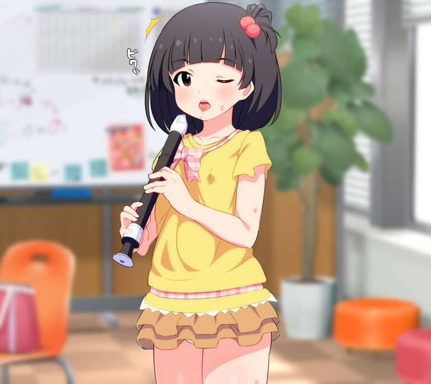 1girl bangs black_hair blinds blurry blurry_background blush brown_eyes brown_skirt chair collarbone commentary_request cowboy_shot day depth_of_field eyebrows_visible_through_hair hair_bobbles hair_ornament holding holding_instrument idolmaster idolmaster_million_live! idolmaster_million_live!_theater_days indoors instrument joutarou layered_skirt long_hair looking_at_viewer nakatani_iku one_eye_closed one_side_up panties panty_peek parted_lips plant potted_plant recorder saliva saliva_trail shirt short_sleeves skirt solo sweat tongue tongue_out tree underwear upper_teeth white_panties window yellow_shirt