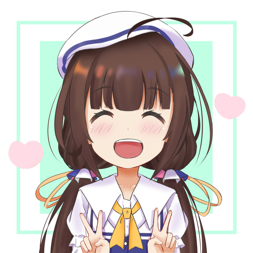 absurdres blush brown_hair closed_eyes commentary double_v english_commentary facing_viewer highres hinatsuru_ai long_hair ryuuou_no_oshigoto! sasatabekung self_upload solo v