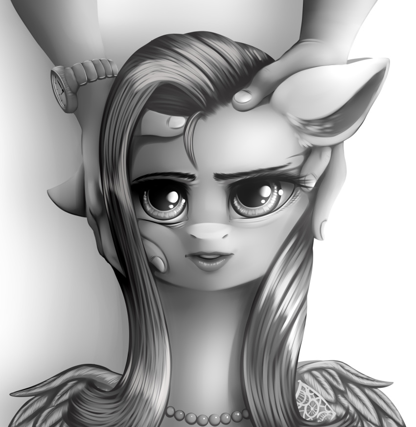 absurd_res dankflank digital_media_(artwork) duo equine eyelashes feathered_wings feathers fluttershy_(mlp) friendship_is_magic hair hi_res jewelry long_hair looking_at_viewer mammal monochrome my_little_pony necklace pegasus solo_focus wings