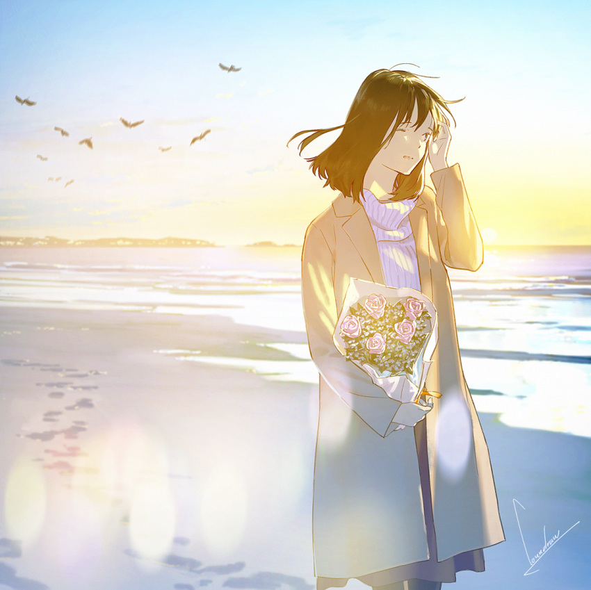 beach bird bouquet brown_hair coat commentary_request flock flower footprints hand_up holding long_sleeves loundraw medium_hair ocean one_eye_closed original parted_lips pink_flower pink_rose rose sand signature smile solo sweater