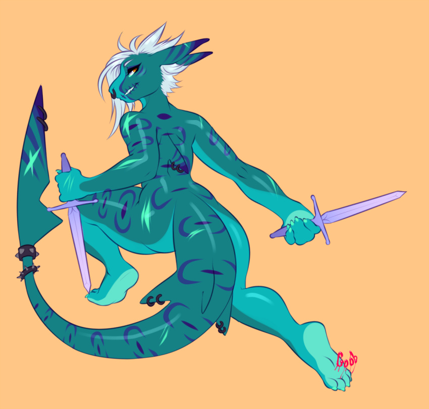 anthro crobat_(artist) facial_piercing female fin fin_piercing fish furgonomics furry-specific_piercing hair looking_back marine melee_weapon nose_piercing nude piercing scar septum_piercing shark solo sword thick_thighs weapon