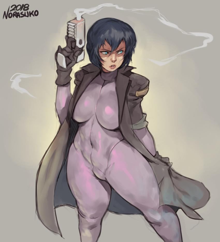 2018 black_gloves black_hair blue_eyes bodysuit breasts commentary covered_navel cyberpunk english_commentary ghost_in_the_shell gloves gun handgun highres jacket kusanagi_motoko large_breasts lips looking_to_the_side making_of norasuko nose open_clothes open_jacket pistol short_hair sketch sleeves_rolled_up smoke smoking_gun solo standing thick_thighs thighs trench_coat weapon