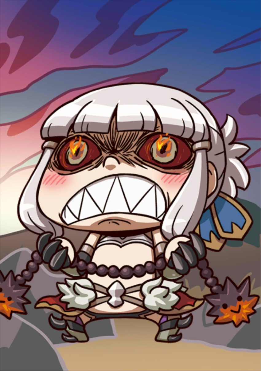 :&gt; angry april_fools blush burning_eyes chibi claws fate/grand_order fate_(series) fire flail highres official_art penthesilea_(fate/grand_order) red_sclera riyo_(lyomsnpmp) scowl shaded_face sharp_teeth silver_hair solid_circle_eyes solo teeth weapon