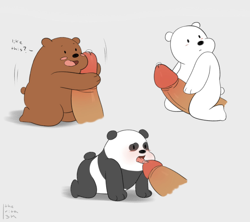 bear blush body_job cartoon_network cub english_text fellatio grizzly_(wbb) grizzly_bear human ice_bear male male/male mammal oral panda panda_(wbb) penis polar_bear precum sex simple_background size_difference text therita3k thigh_sex unseen_character we_bare_bears white_background young